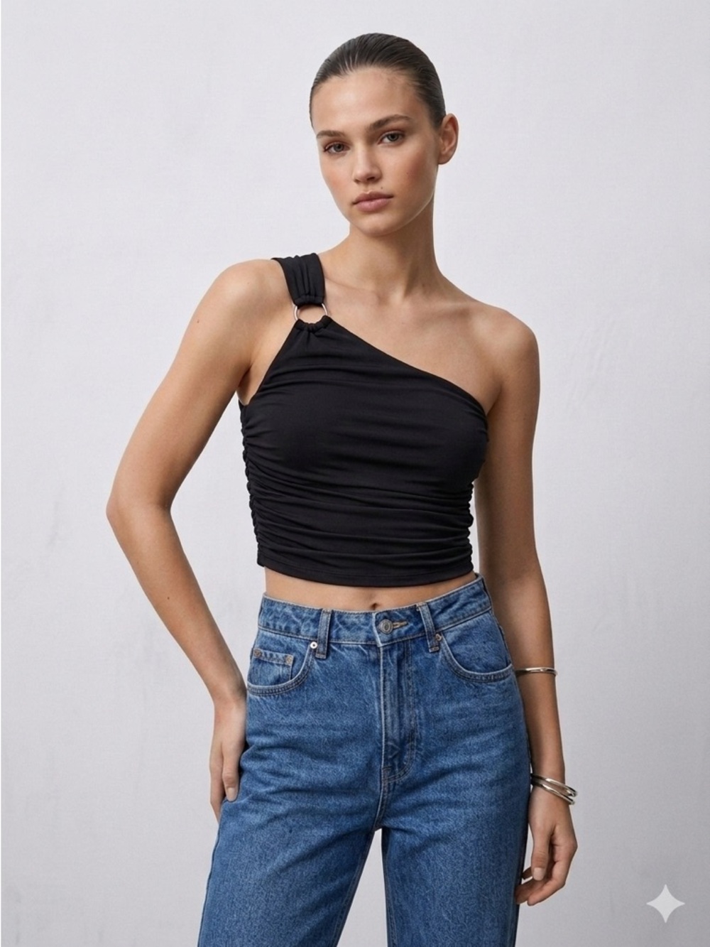 NWT Zara  SZ XS Black  One-Shoulder ruched Crop Top